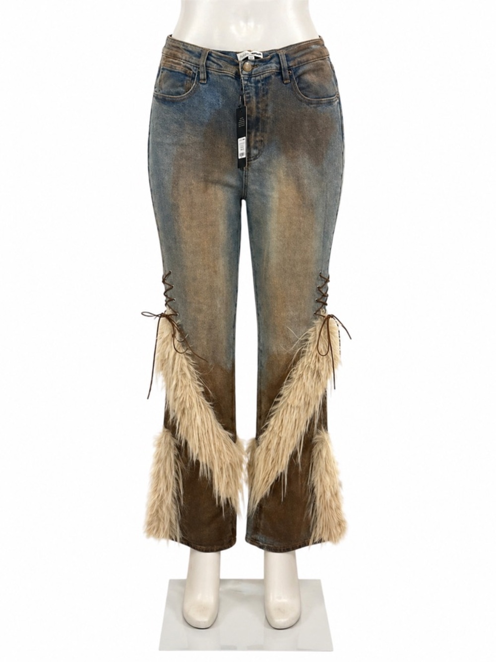 Fashion Nova Two-Tone Flare Jeans with Faux Fur Trim - Light Blue & Brown